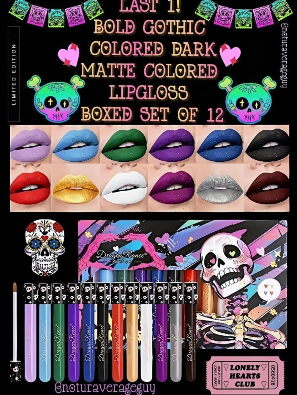 🆕️BOLD GOTHIC DARK MATTE LIPGLOSS BOXED SET OF 12 GOTH/PUNK/EMO